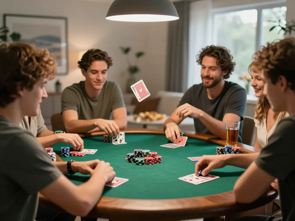 Enjoying Poker Online with friends during a lively home game night, showcasing colorful chips and cards