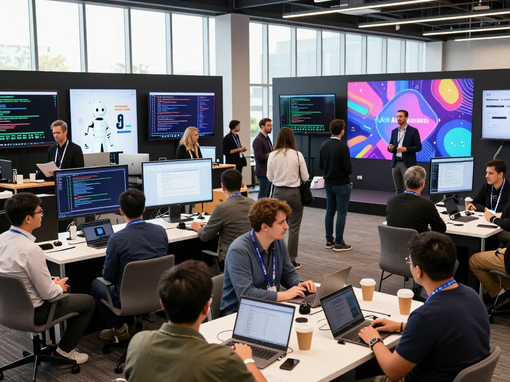Attendees engaging at a tech event showcasing ia +18 AI innovations, featuring interactive displays and networking moments.