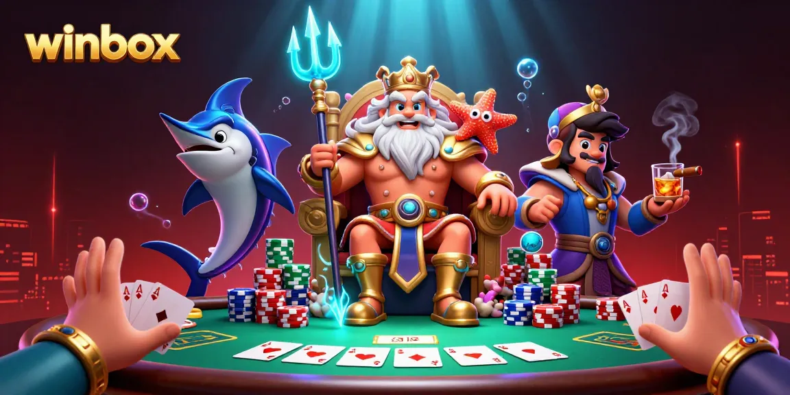 Engage with winbox’s vibrant casino scene showcasing king Neptune and poker elements.