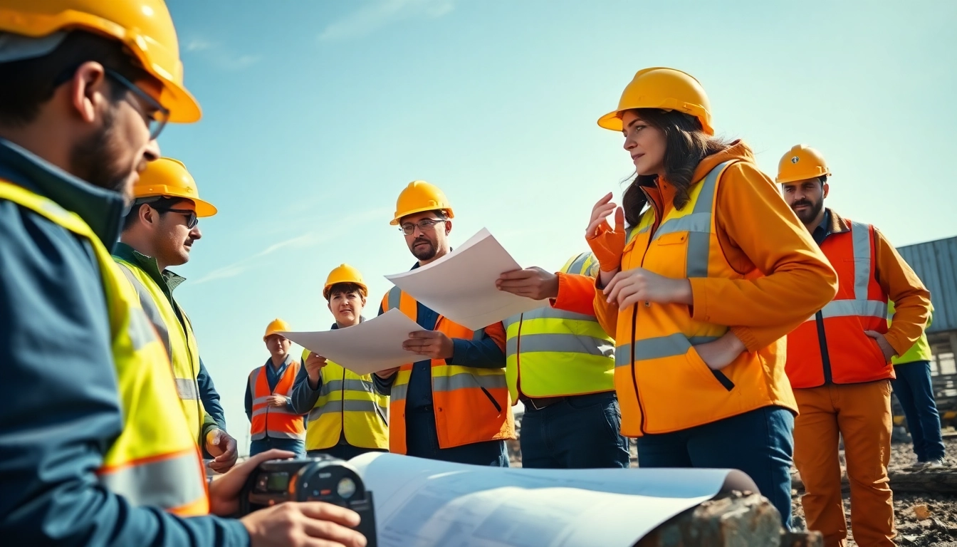 Workers donning durable Blåkläder workwear during a lively construction project.