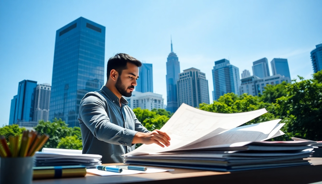 Urban planner analyzing city development plans in a vibrant modern city.