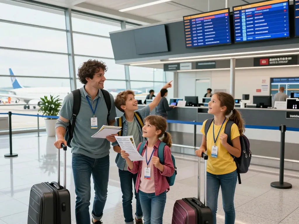 Birmingham Airport from Halifax, family checking in at an airport terminal with excitement and joy.