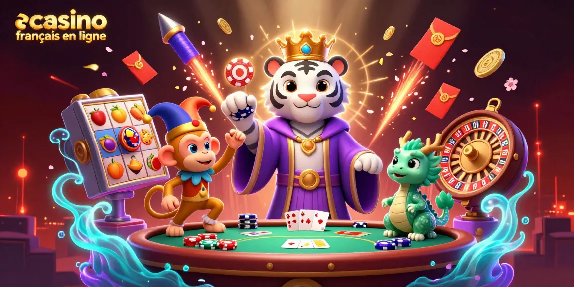 Découvrez un casino français en ligne avec un tigre, un singe et un dragon animés dans une scène festive.
