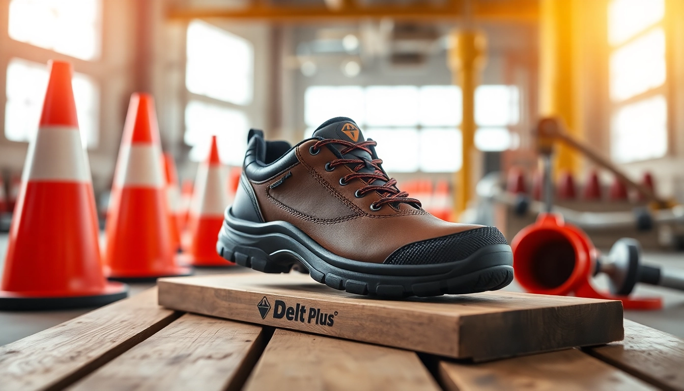 Wearing delta plus safety shoes while working on a construction site.