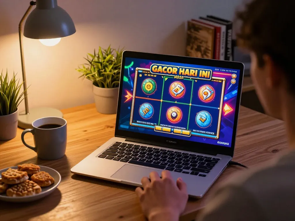 Playing slot gacor hari ini on a laptop, cozy home setup with colorful game graphics.