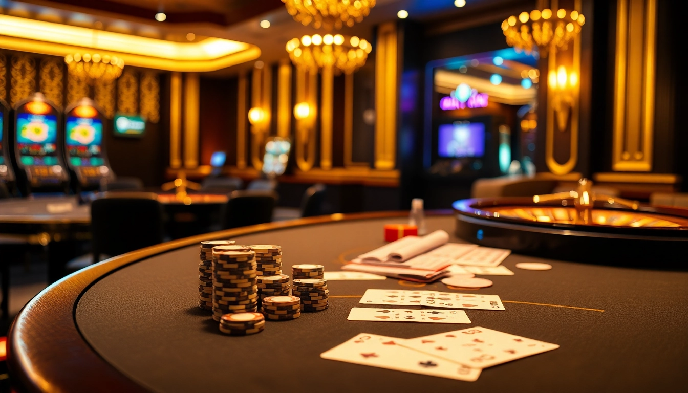 L'atmosphère vibrante d'un casino en ligne français avec des tables de poker, des roues de roulette et des machines à sous, attirant les joueurs.
