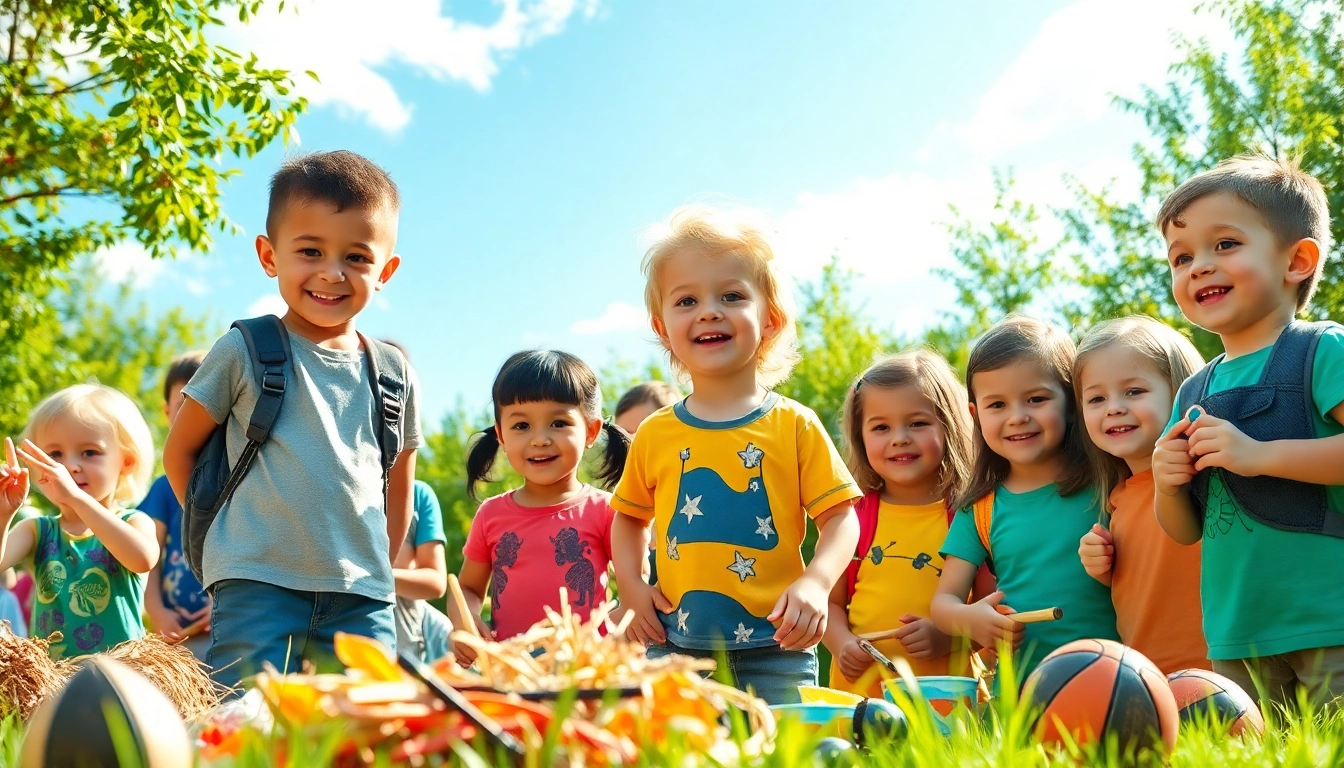 Children enjoying fun activities at holiday camps in a colorful outdoor setting.