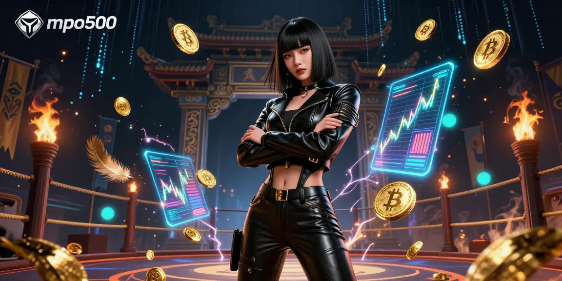 Engage with mpo500 for thrilling casino games, featuring vibrant digital art and a stunning Asian woman.