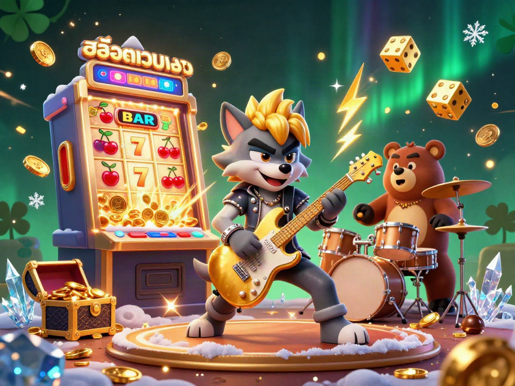 Experience thrilling wins with สล็อตเว็บตรง as a rock star wolf shreds his guitar amidst a jackpot explosion.