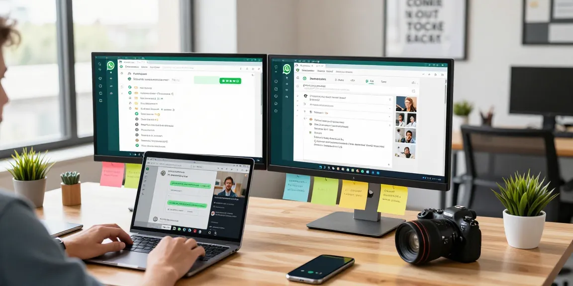 Engaged user utilizing WhatsApp電腦版 in a modern tech workspace with vibrant interface.