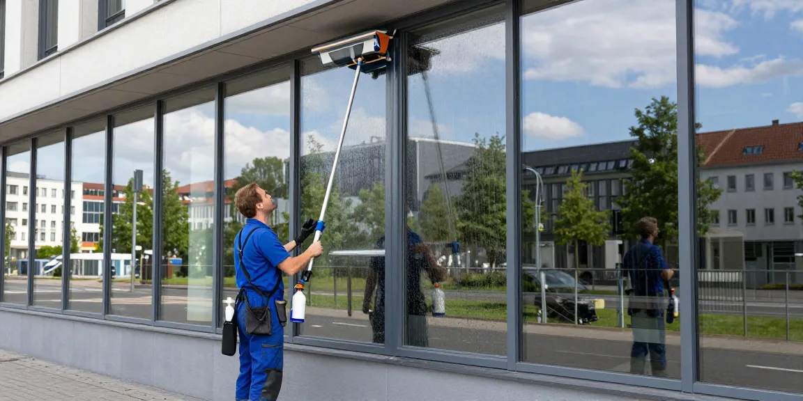 Fensterreinigung Firma Dortmund reinigt große Glasfenster eines Geschäftsgebäudes mit umweltfreundlichen Mitteln.