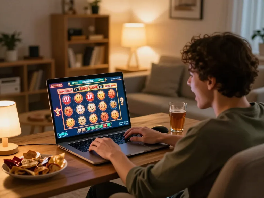 Player celebrates a big win at situs gacor online slots, showing excitement and joy in a cozy home setup.
