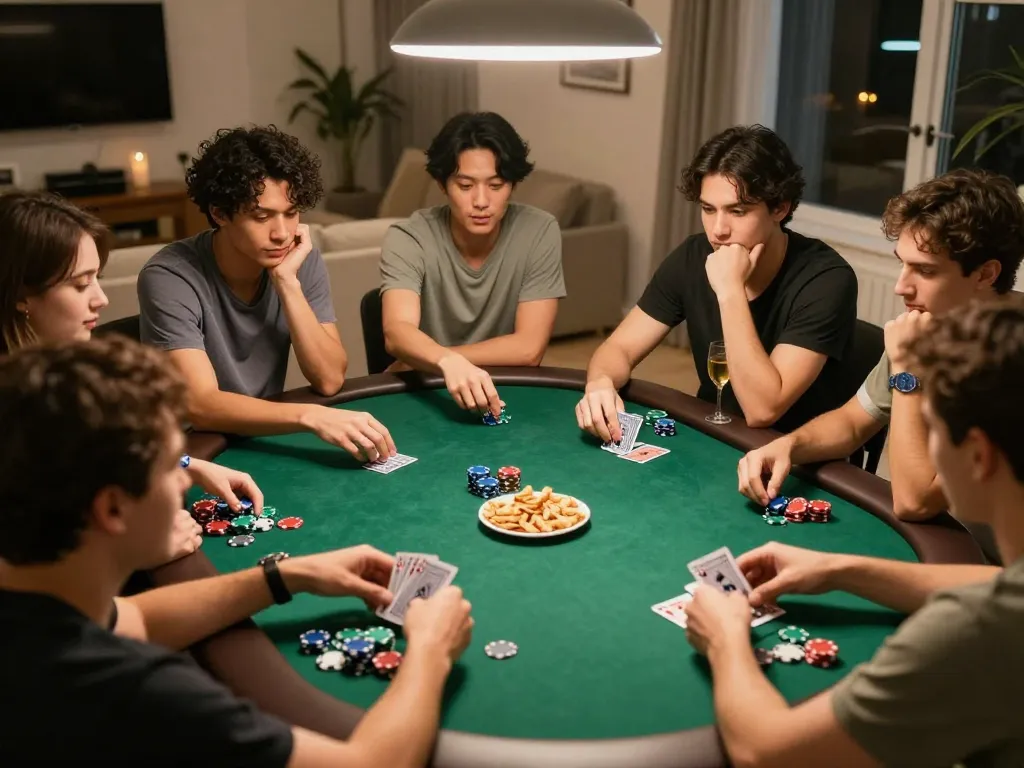 Friends enjoying a competitive poker night at home with strategic gameplay, showcasing f8beta2 excitement and camaraderie.
