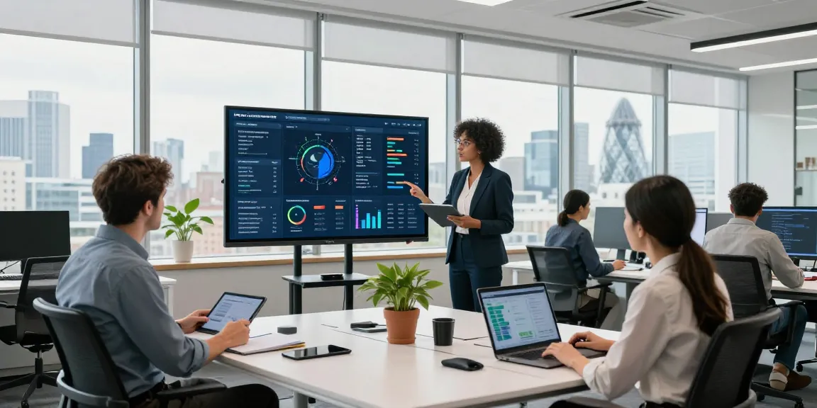 Engaged team discussing london business it support strategies in a modern office with IT analytics displayed.