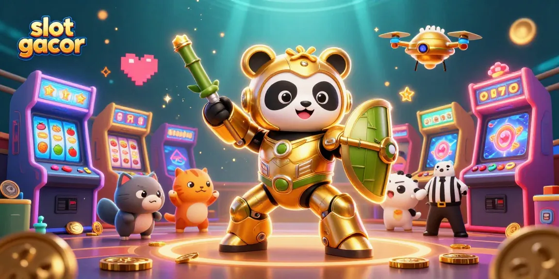 Engage with slot gacor visuals featuring a golden panda in mech-suit amidst vibrant casino elements.