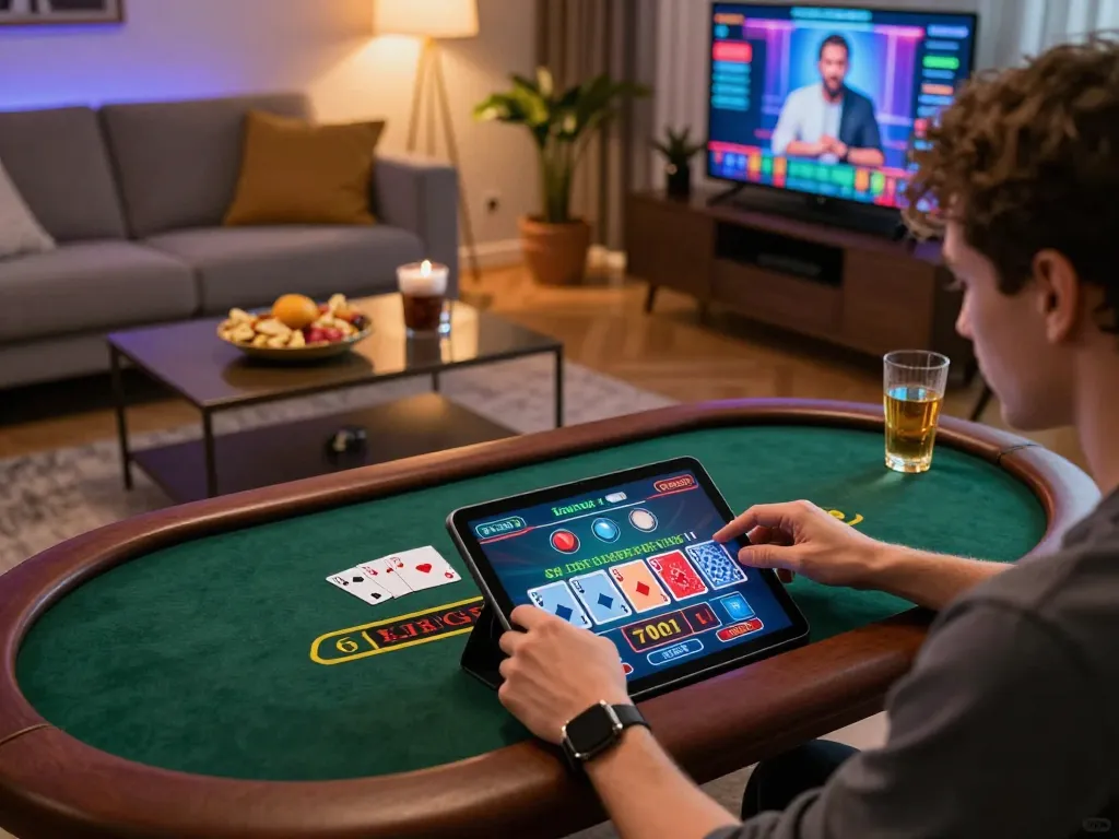 Player engaging with sc88 blackjack game on tablet in cozy living room setting.