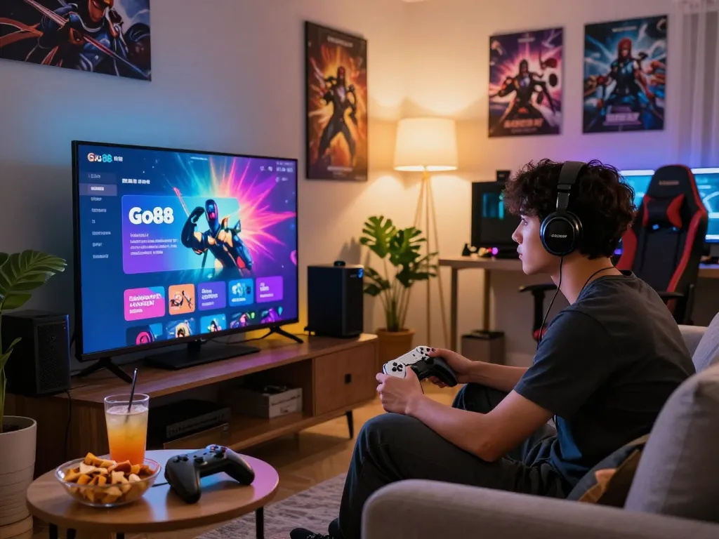 Excited gamer ready to tải go88 featuring colorful graphics and casual gaming accessories.