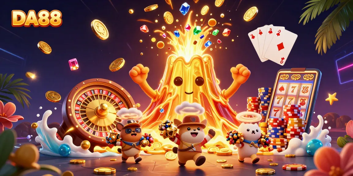 Engage with DA88: a vibrant scene of a golden volcano erupting treasure surrounded by casino elements.