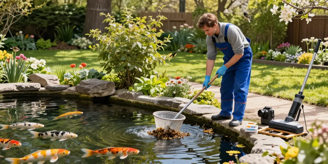 Pond Cleaning Essex expert removing algae during spring clean-up in a scenic garden pond.