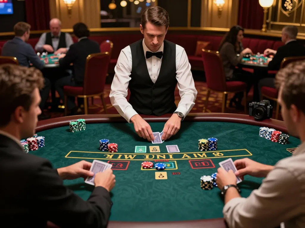 Players engaging in strategic blackjack gameplay at the 388bet casino table, showcasing vibrant chips and focused expressions.