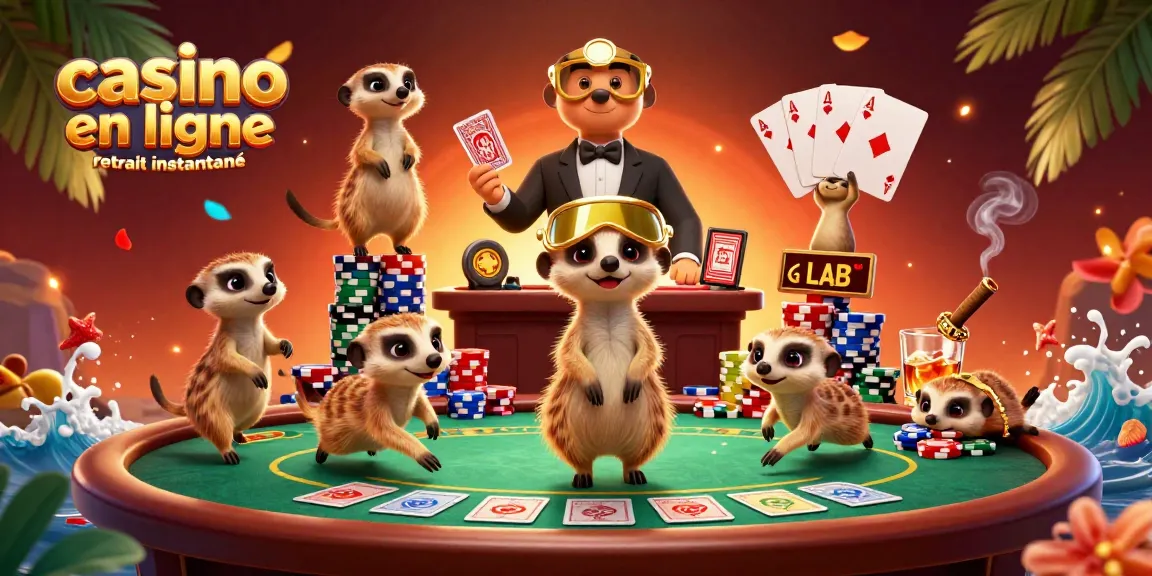 Illustration dynamique de suricates gérant un casino, représentant le retrait instantané en ligne.
