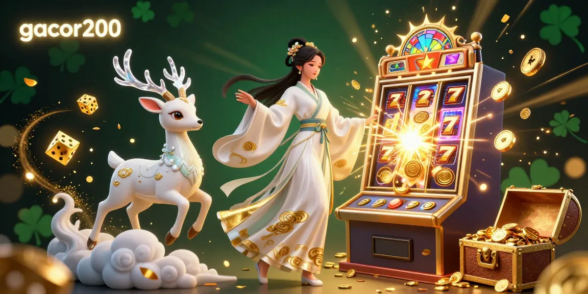 Experience gaming thrills with gacor200 in a vibrant 3D casino illustration depicting jackpots and excitement.