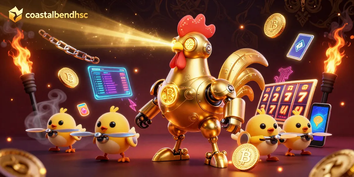 Menangkap nostalgia perjudian dengan coastalbendhsc, robot ayam emas futuristik di kasino bergaya retro.