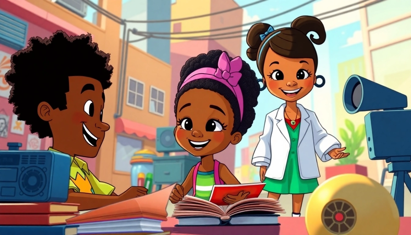 A colorful depiction of African American Cartoons featuring iconic characters in an urban setting promoting creativity and diversity.