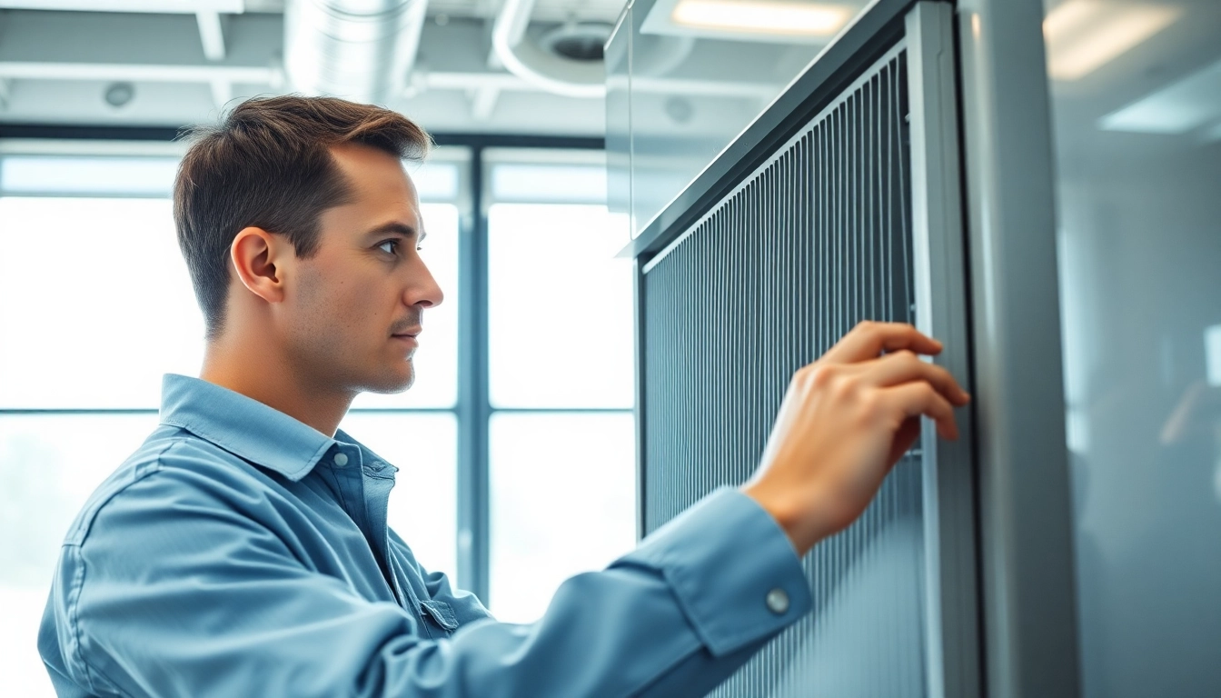 A skilled technician evaluates a Trane Canada HVAC system in a contemporary office setting.