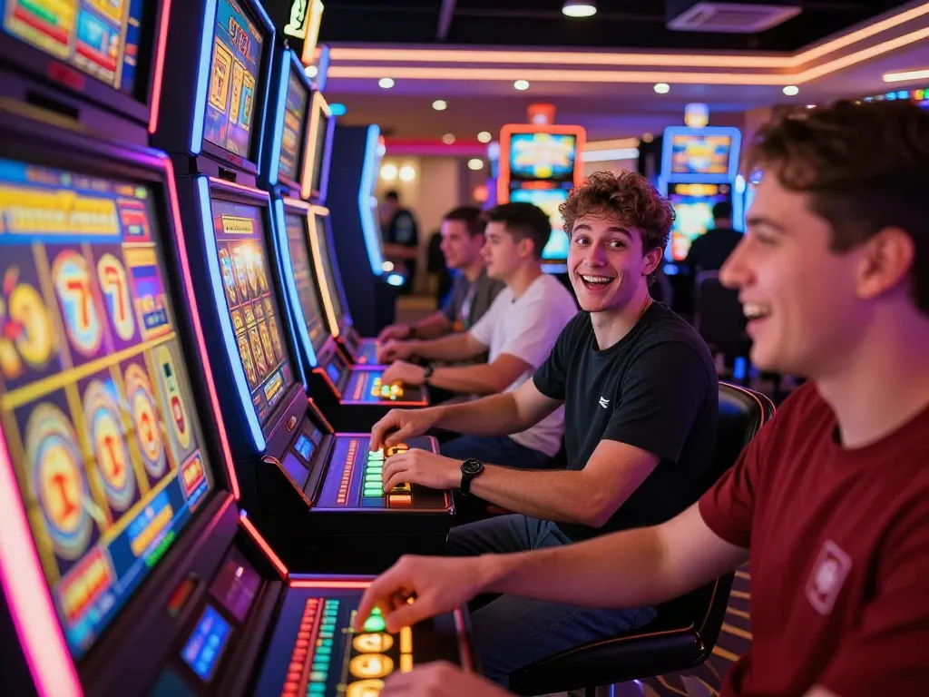 Experience the thrilling excitement of playing slot777 as players celebrate big wins at colorful slot machines.