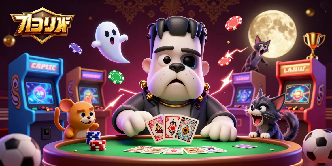 Engage in exciting แทงบอล action with a colorful 3D illustration featuring a Frankenstein bulldog, a ghost mouse, and dynamic game elements.