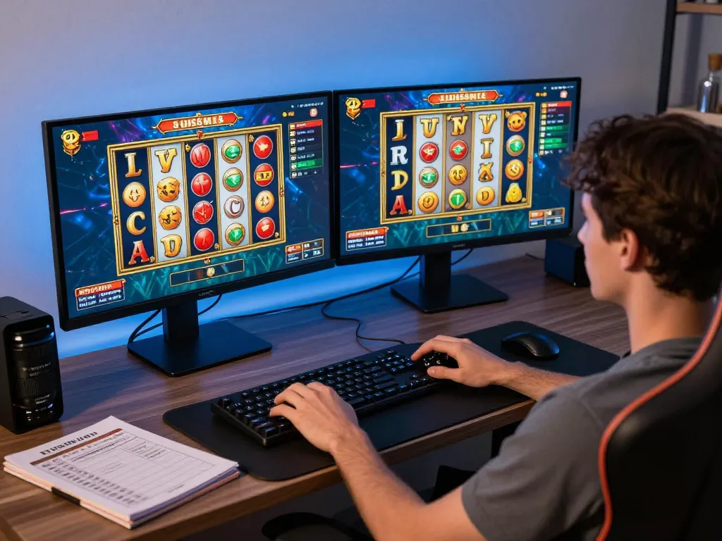 Situs slot game in action on dual monitor setup showcasing player engagement in online gaming.