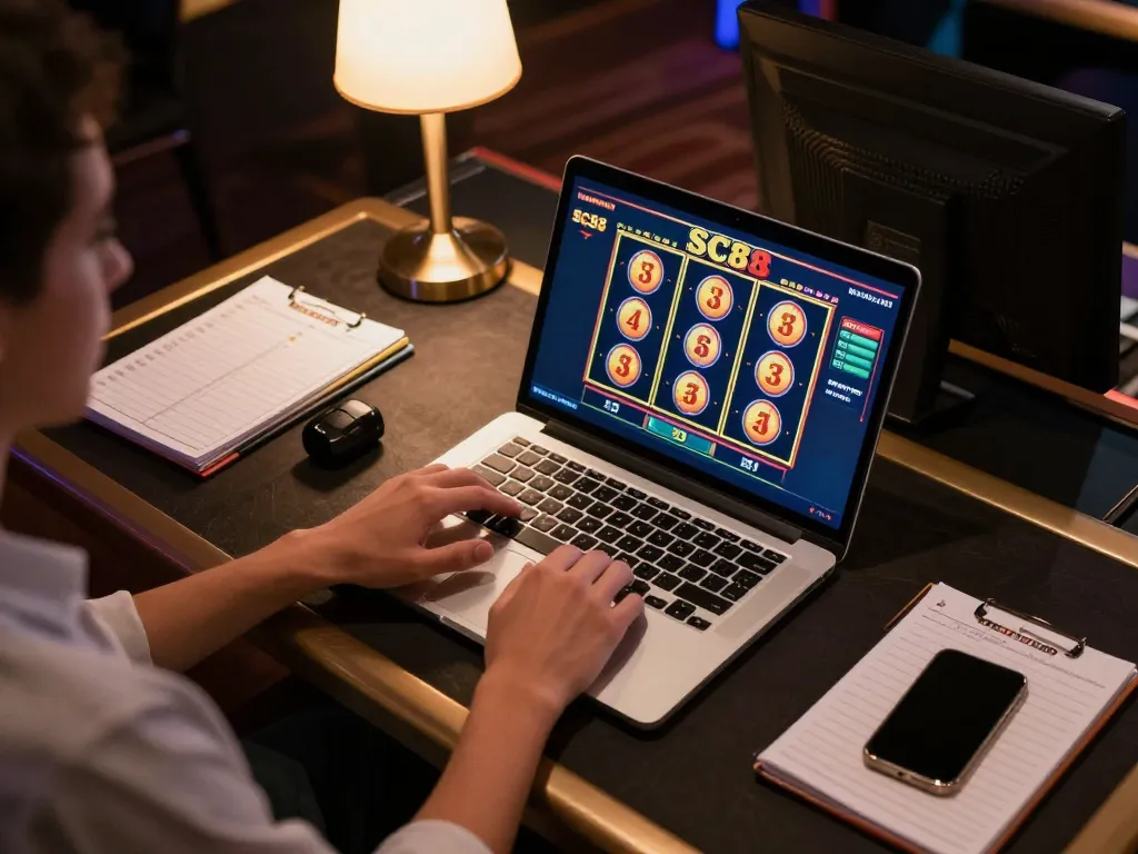 Engaging gameplay on SC88 slots displayed on a sleek laptop in a cozy gaming setup