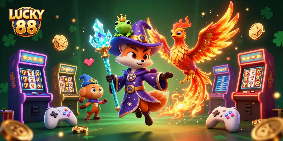 Spin to win with the LUCKY 88 slot, featuring magical characters and vibrant casino elements.