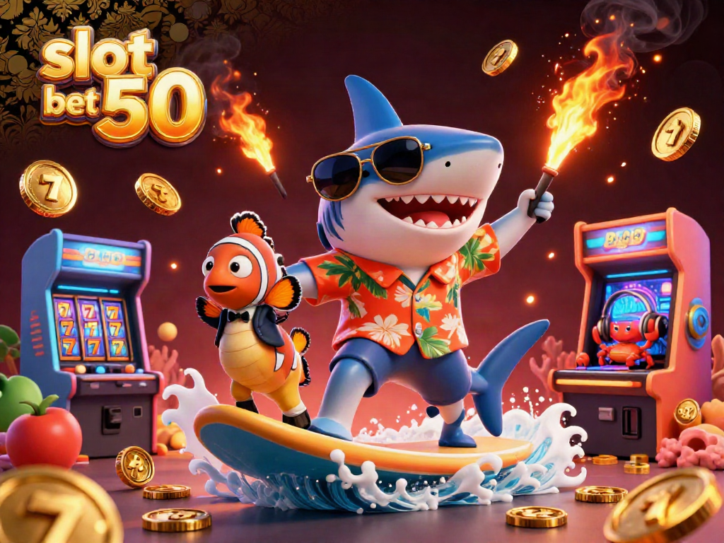 Experience thrilling gameplay with slot bet 50 as a shark rides gold coins, surrounded by 3D arcade elements.