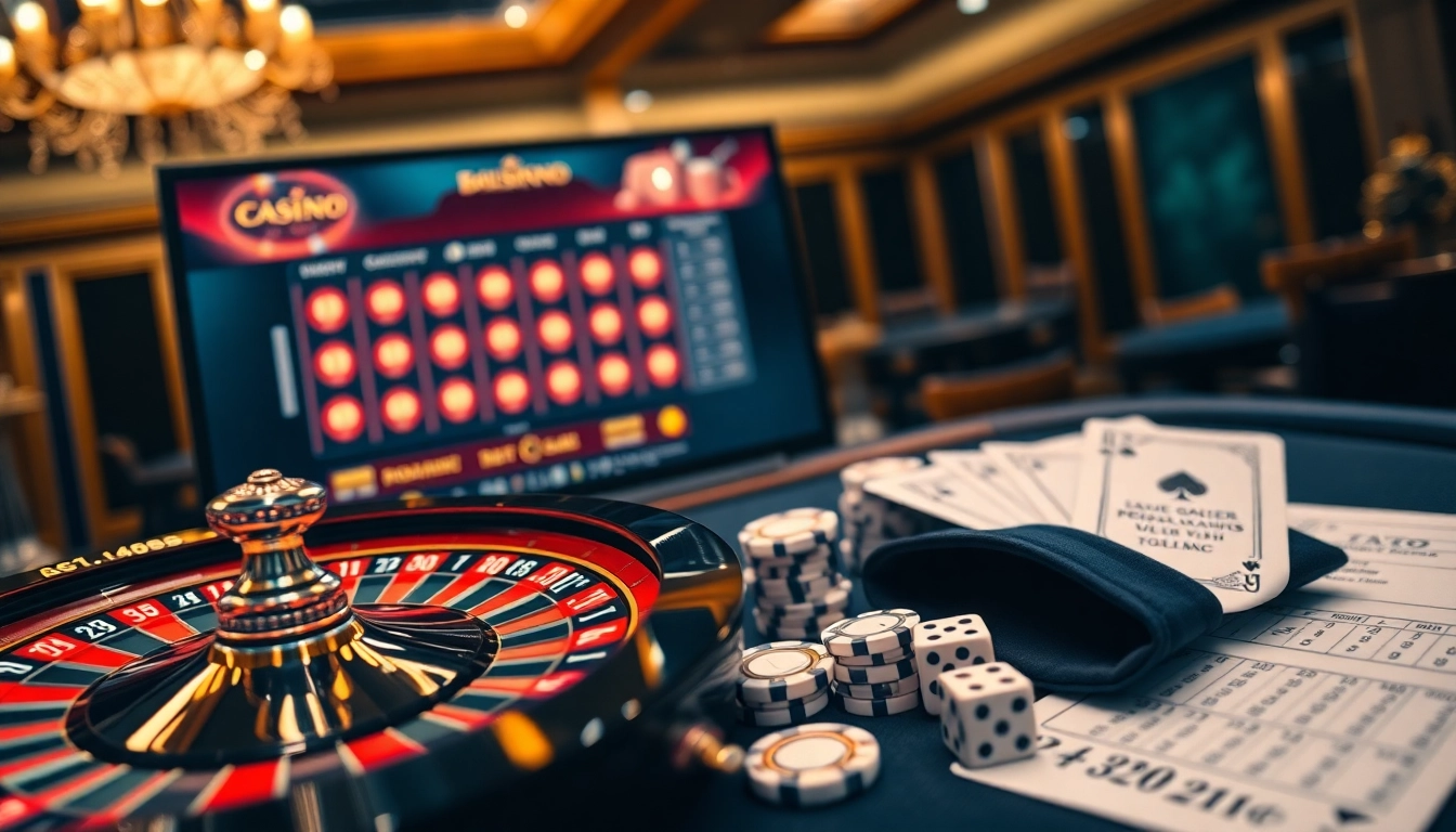 Vivez le frisson du 'casino en ligne français' avec des roues de roulette vibrantes et des jetons de poker empilés.