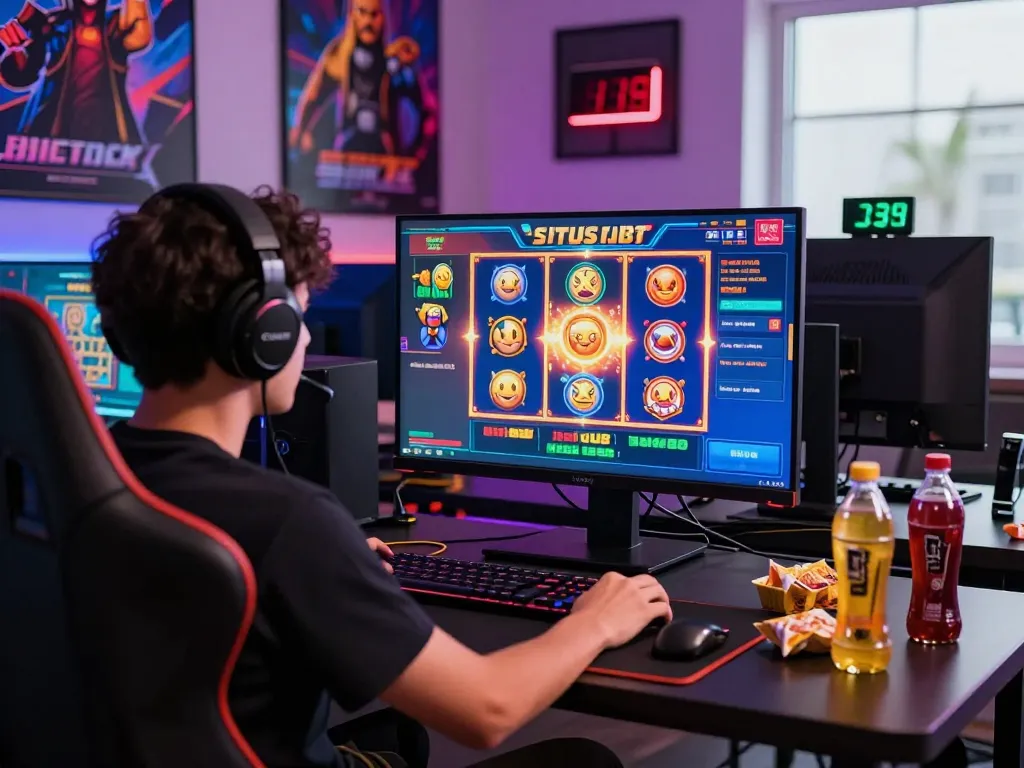 Pengalaman bermain situs slot dengan pemain yang terlibat dalam permainan mesin slot online yang berwarna-warni.
