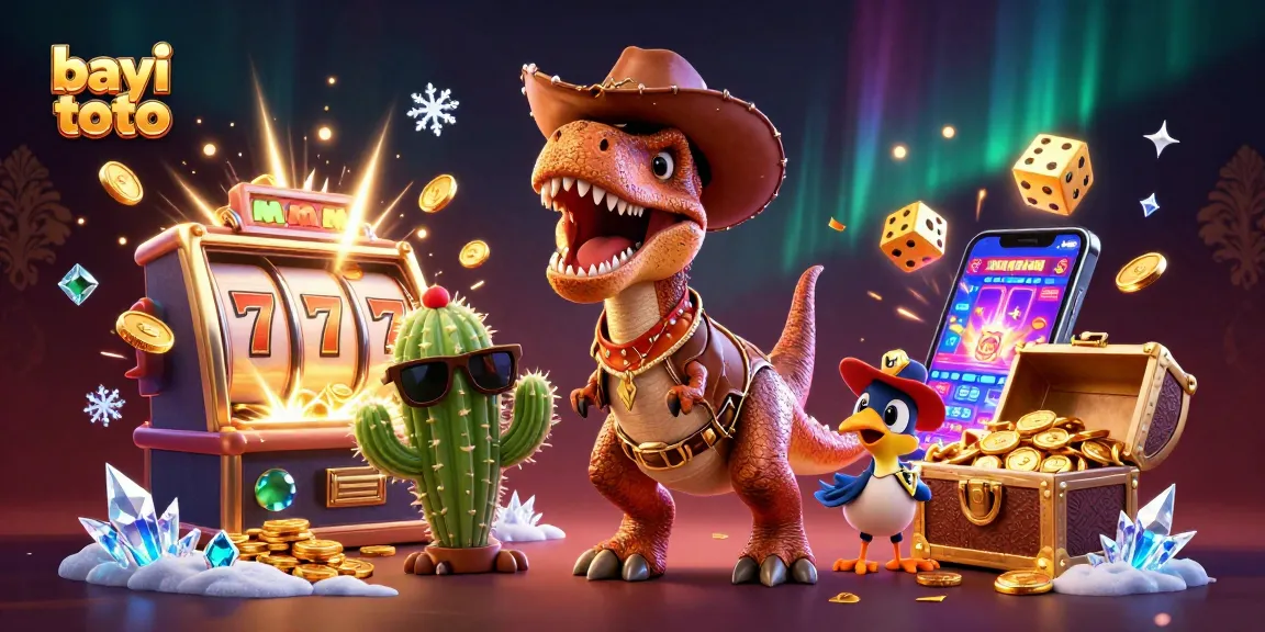 Engage in thrilling action at bayi toto's vibrant casino scene, showcasing a T-Rex and friends.