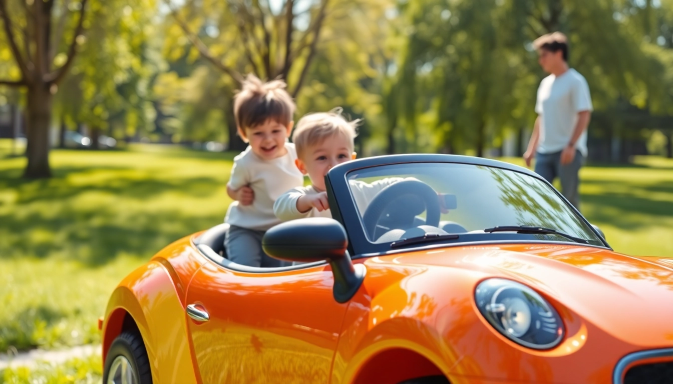 Child climbing into a bright and colorful ride on car in a sunny park, emphasizing fun outdoor play.