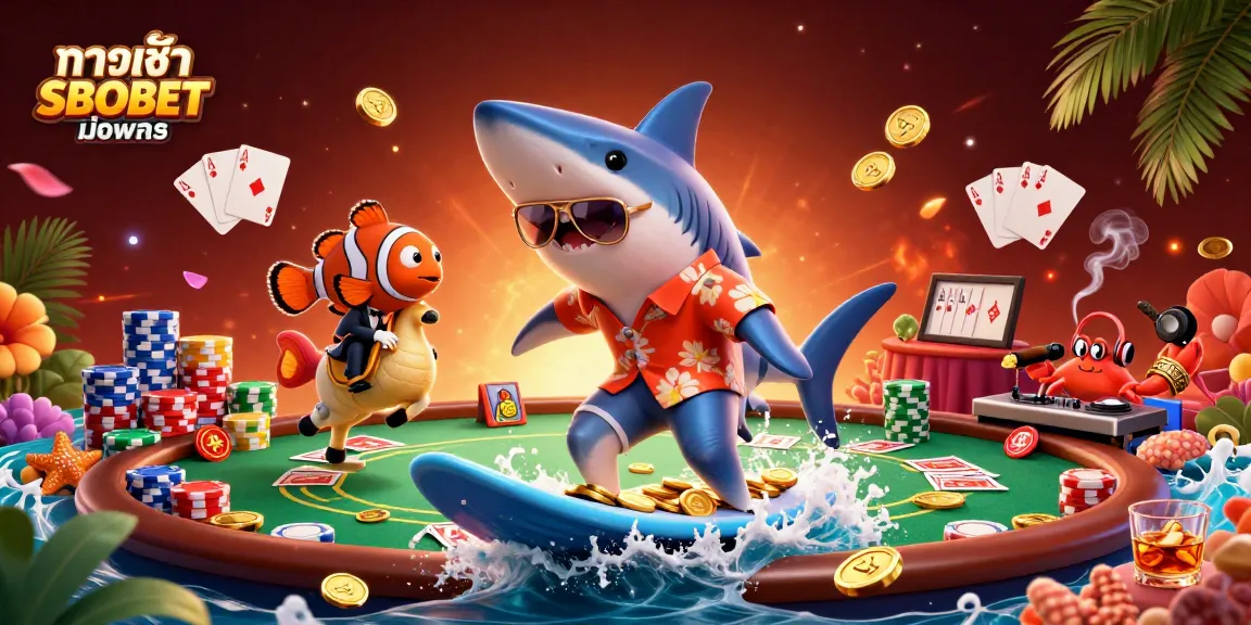 Surf dynamic action with ทางเข้า SBOBET มือถือ depicting a shark in sunglasses surfing gold coins amidst poker elements.