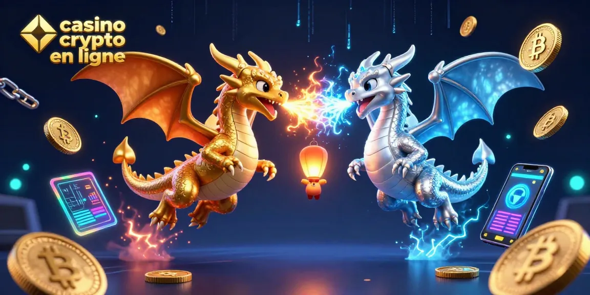 Découvrez le casino crypto en ligne avec cette illustration dynamique de dragons et de pièces de cryptomonnaie.
