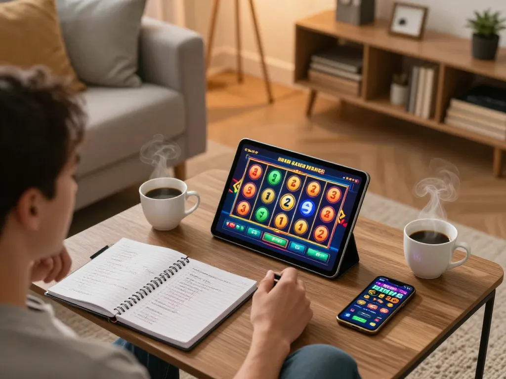 Engaging online gaming scene focusing on situs gacor with a player immersed in a slot game on a tablet amidst a cozy living room.