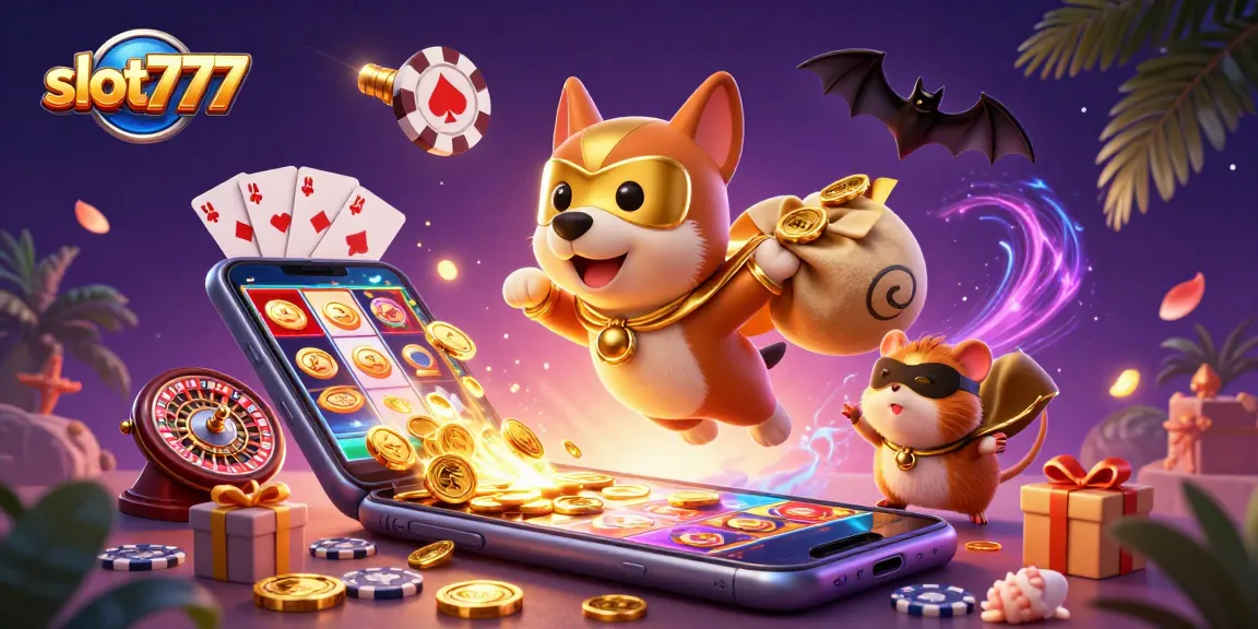 Slot777 menampilkan karakter anjing pahlawan terbang dengan koin emas, dikelilingi permainan slot dan kartu bermain.