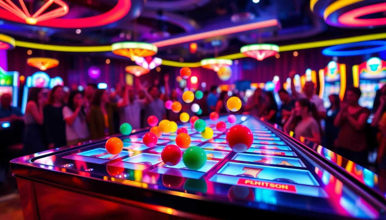 Nikmati permainan slot plinko dengan papan plinko berwarna-warni di tengah suasana kasino yang meriah.