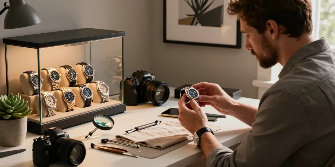 Inspecting a luxury replica watch during golden hour in an elegant home office setting.