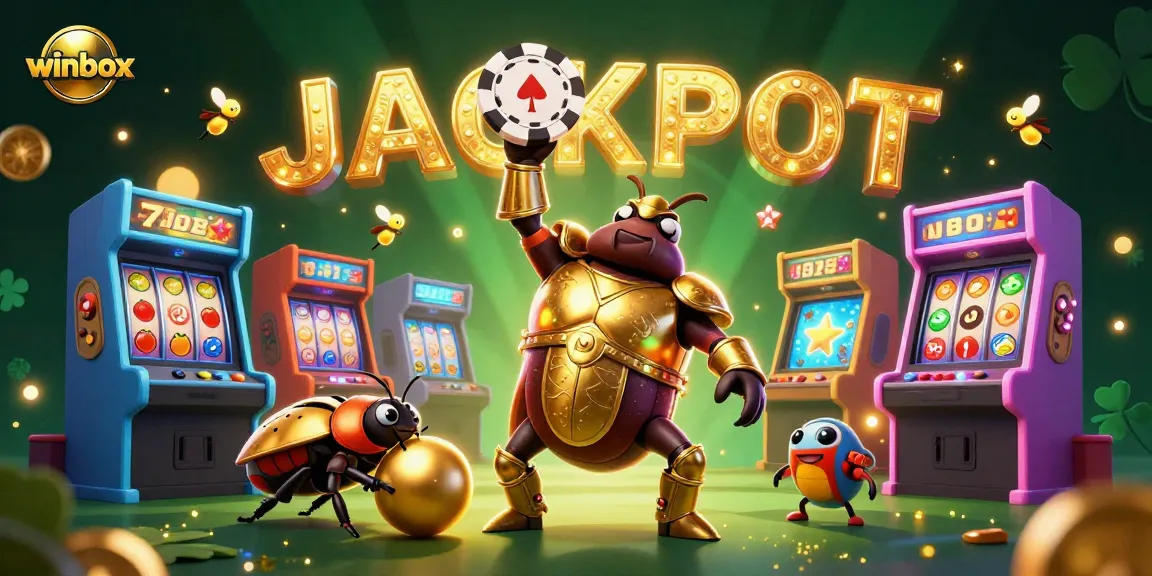 Winbox jackpot scene with 3D beetles and vibrant casino elements celebrating gaming excitement.