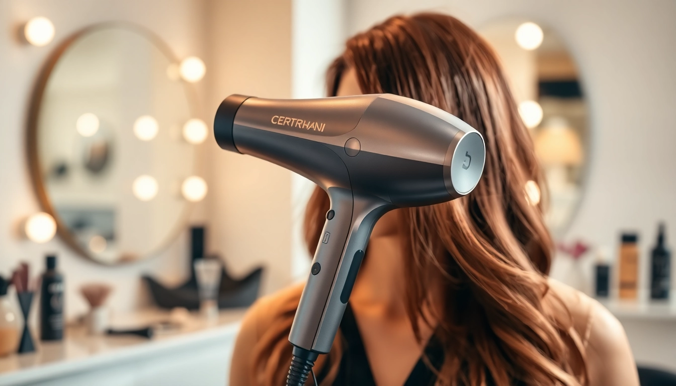 Using a hair dryer for fine hair to achieve a smooth finish in a chic salon setting.