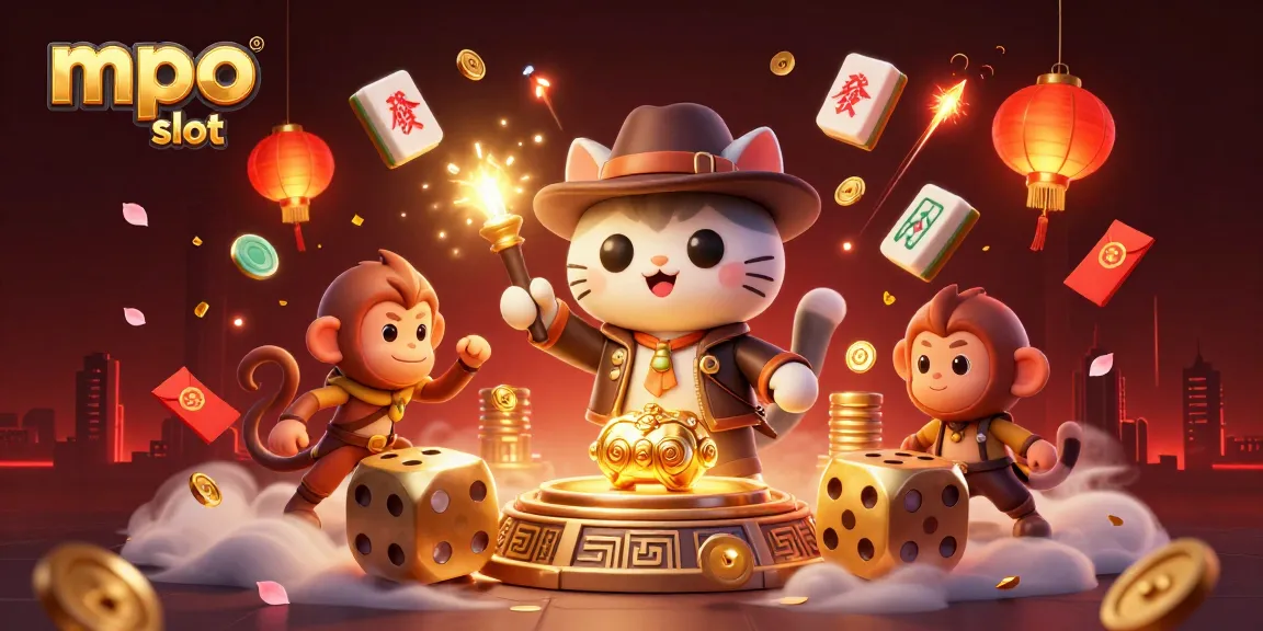 Engage with mpo slot in a vibrant 3D illustration featuring an explorer cat with golden casino artifacts