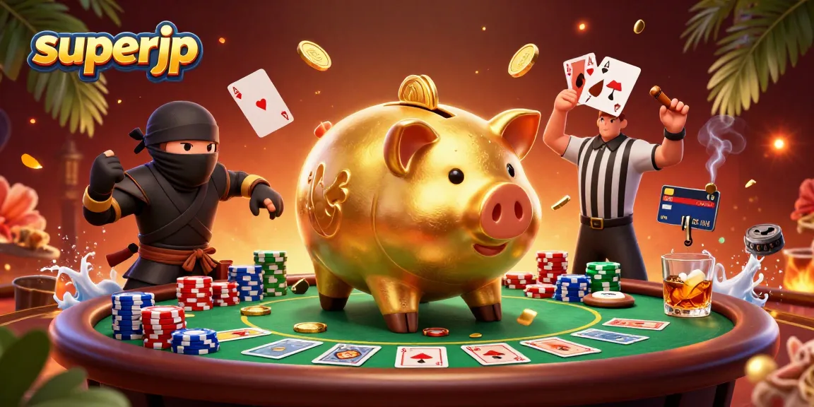 Engage in the thrilling action of superjp as a golden piggy bank sumo wrestler stomps amidst a rich casino scene.