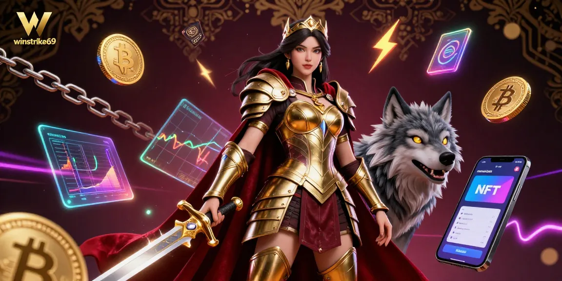 Experience the excitement of winstrike69 with a dazzling portrayal of a warrior queen in a crypto-inspired casino scene.